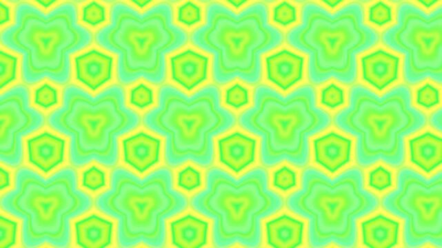 Kaleidoscopic motion abstract background 4K. Groovy retro pattern of bright green and yellow transforming shapes of hexagons and flowers. Repeated elements grid. Psychedelic animation. 60s 70s design