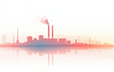 Naklejka premium Flat illustration of an industrial factory with smokestacks at sunset