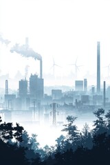 Obraz premium Industrial skyline with smokestacks and wind turbines in silhouette