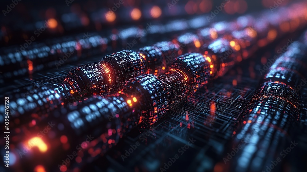 Poster abstract digital data stream: illuminated cylinders representing data flow and processing