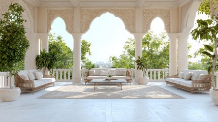 Obraz premium Exquisite Modern Arabian-Inspired Outdoor Dining Oasis | Luxurious Islamic Interior Design 3D Render with Breathtaking Views | Ultra-Detailed Artwork