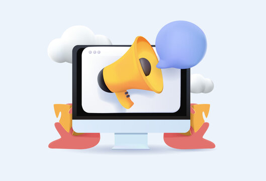 Digital marketing and promotion illustration in 3D style. Megaphone, advertising and planning marketing strategy to achieve business goals. Business concept. 3D Vector illustration