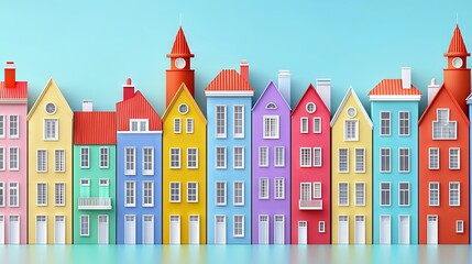   A row of colorful houses with a clock tower atop one of them, across from another building