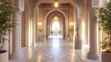 Luxurious Modern Arabian Islamic Hallway Interior with Intricate Tile Work and Soft Lighting | 3D Render Digital Art