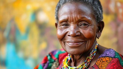 Fototapeta premium Close-up of a smiling elderly woman wearing vibrant traditional beaded attire, set against a colorful abstract background.
