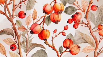 Watercolor rosehip branches with red berries and leaves