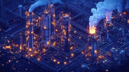 Digital representation of a futuristic industrial plant at night