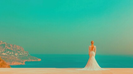 Stunning bride in elegant lace gown poses on hotel balcony with breathtaking Mediterranean Sea view during her special day