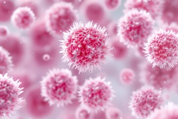 Fototapeta premium A close-up view of pink, spherical microorganisms, depicting a vibrant and intricate structure, set against a soft, blurred background.