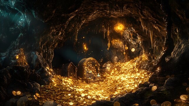 A dark mysterious cave full of shiny gold coins jewels with a goblin