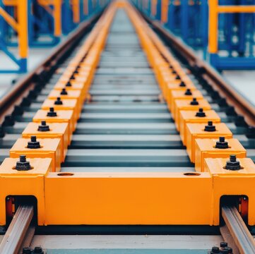 A close-up view of railway tracks featuring orange supports, emphasizing industrial design and precision engineering in a vibrant setting.