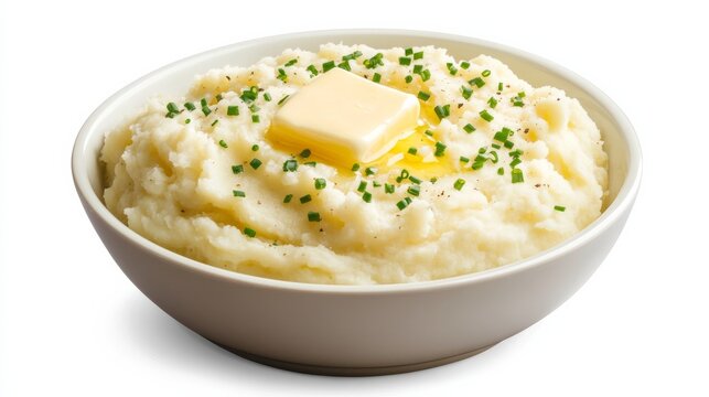 A bowl of creamy mashed potatoes topped with a pat of melting butter and a sprinkle of chives, Each spoonful offering a smooth and rich texture, A comforting side dish that's perfect for any meal