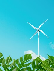 A wind turbine rises against a vibrant blue sky, surrounded by lush green leaves, symbolizing renewable energy and environmental sustainability.