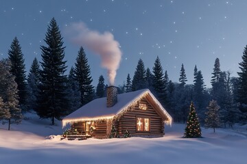 A cozy log cabin nestled in a snowy landscape, adorned with festive lights, smoke rising from the chimney, and a backdrop of tall pine trees under a clear night sky.
