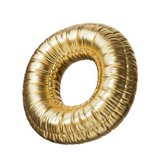 Number zero in the shape of a balloon, isolated on a transparent background. An inflatable balloon of gold color with a glossy texture.