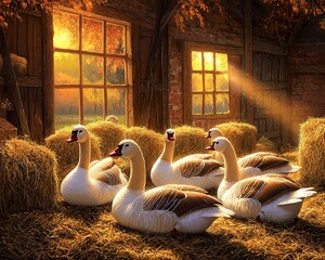 A cozy depiction of six geese a-laying in a peaceful barn, surrounded by hay bales and soft straw, with warm sunlight streaming through the windows.