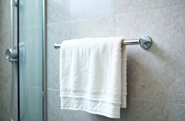 White fresh comfortable cotton towel on a metal hanger or rack hanging in bathroom near shoer cabin. Hygiene concept