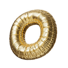 Number zero in the shape of a balloon, isolated on a transparent background. An inflatable balloon of gold color with a glossy texture.