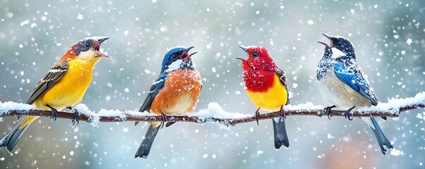A charming scene of four calling birds singing on a snowy branch, their vibrant plumage contrasting beautifully with the white snowflakes falling around them.