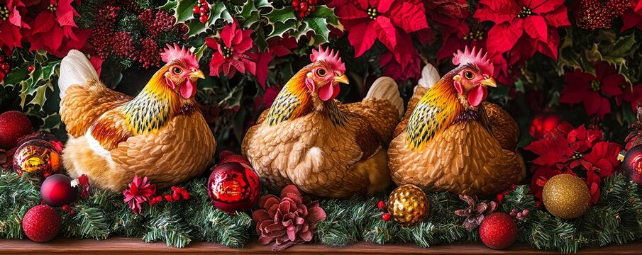 A charming display of three French hens nestled among colorful flowers and festive decorations, creating a joyful holiday atmosphere.
