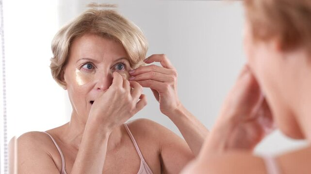 A graceful blond middle aged female applying eye patches in front of the mirror. Positive graceful aging, selflove. 4k high res