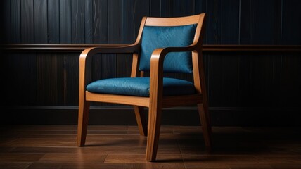 Teal upholstered armchair on wooden legs against dark wood wall.