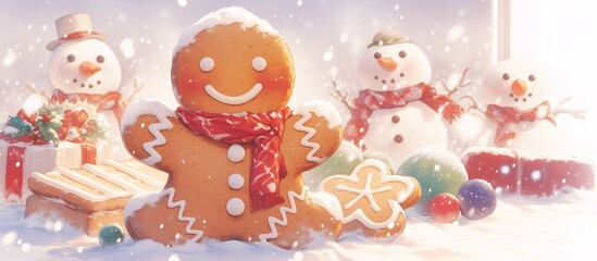 Cheerful Gingerbread Man in a Snowy Forest Wonderland, Full-Body Caricature Perfect for Christmas Themes, Copy Space. 