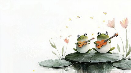   Two frogs playing the ukulele on a lily pad
