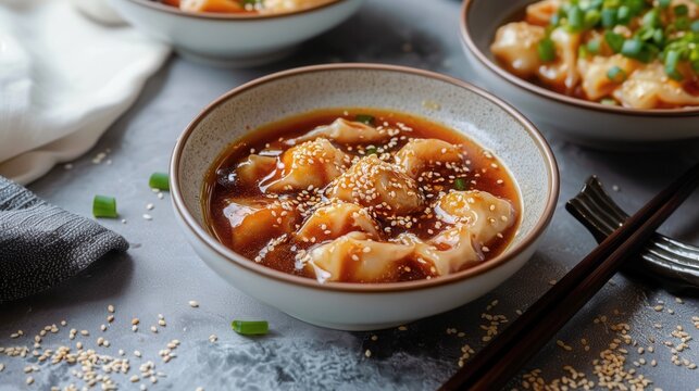 Delicious Japanese gedza served in savory sauce with sesame on a light gray background