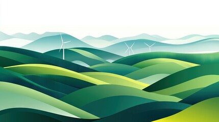 Obraz premium Green hills and distant windmills painted on white sky background, with blue sky in the foreground