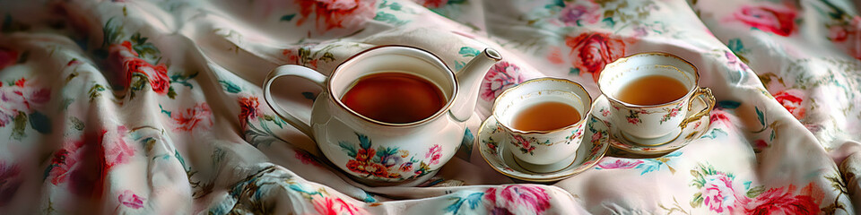 A vintage teapot and delicate china tea cups, nestled amid a bed of floral linens.
