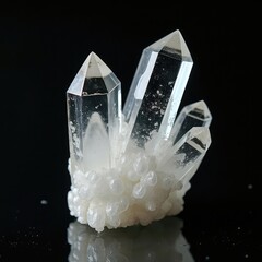 Quartz crystal formation with reflection isolated on black background