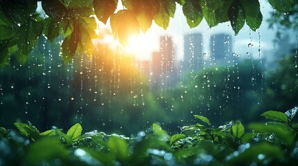Obraz premium An animated scene of rain falling on a clean, green city, symbolizing natural water cycles in an urban environment. Transparency effects for rain and lush colors for greenery