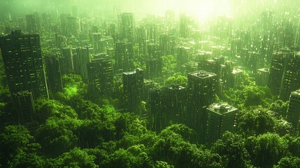 Fototapeta premium An animated scene of rain falling on a clean, green city, symbolizing natural water cycles in an urban environment. Transparency effects for rain and lush colors for greenery