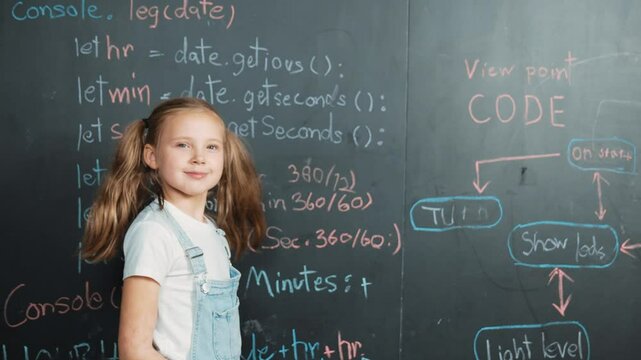 Caucasian girl writing blackboard and turnaround to looking at camera while standing at board with engineering prompt or coding, programing system written in STEM technology classroom. Erudition.