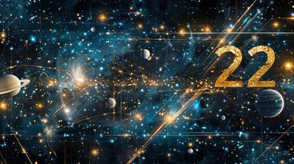 Glittering gold number 22 in a cosmic space scene with planets and stars.