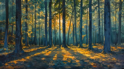 Obraz premium Sunlit forest path with tall trees and golden light.