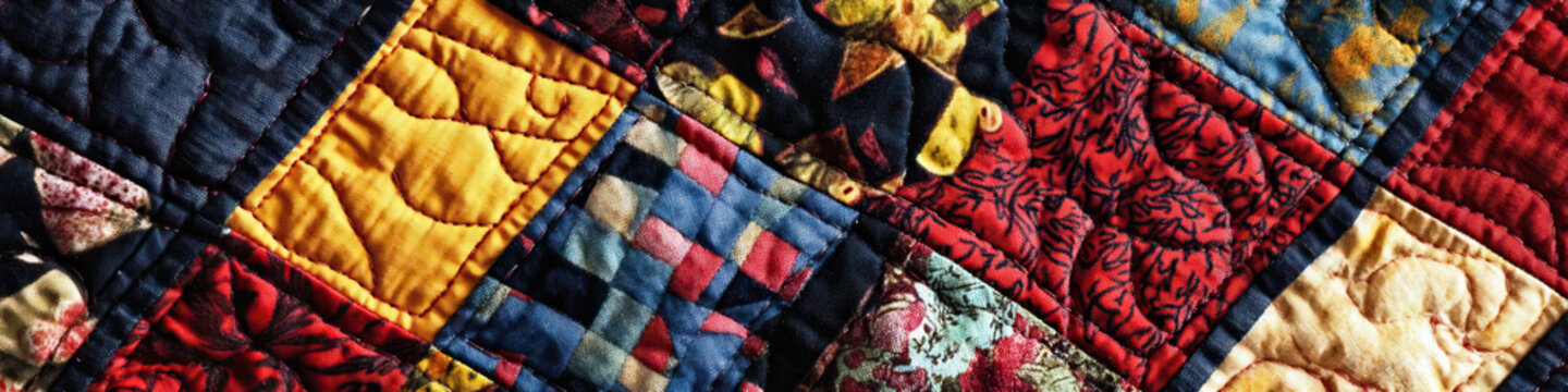 A close-up of a patchwork quilt, showcasing intricate stitching and bold patterns.