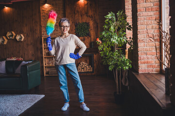 Fototapeta premium Charming elderly woman enjoying leisure time indoors. Holding a colorful duster, she stands confidently in a cozy home interior.