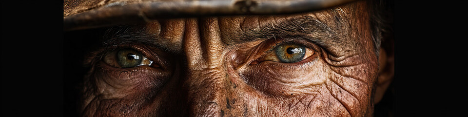 A man's weathered face gazes out from beneath a worn leather cap, his wrinkles etched with the stories of a life lived close to the land.