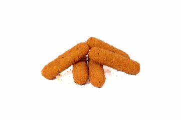 Breaded mozzarella sticks on white background