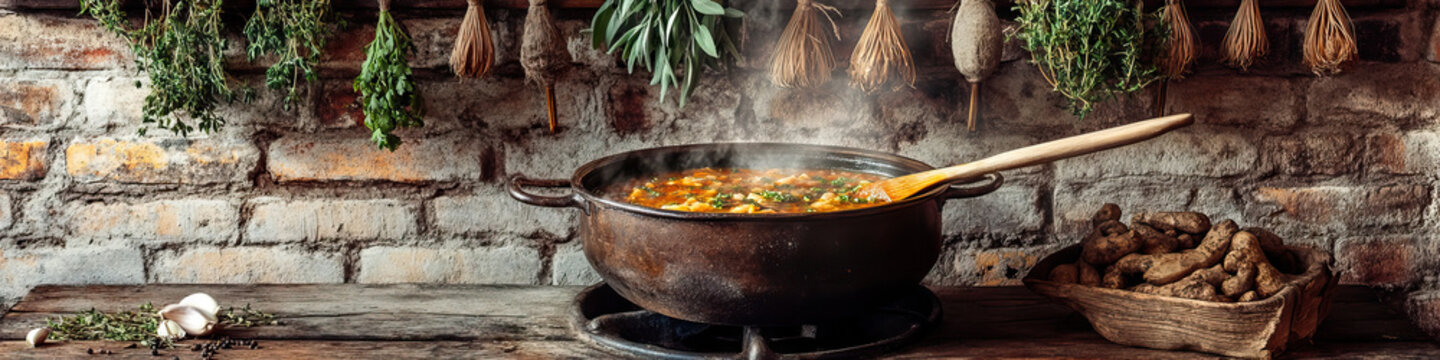 A wooden spoon stirs a steaming cauldron of soup on an old, worn stove. A brick wall behind it is adorned with herbs and other cooking ingredients hanging from rustic hooks.