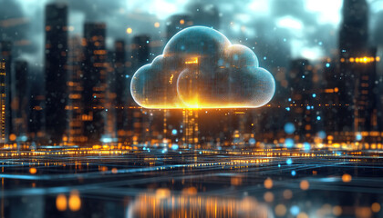 Fototapeta premium Futuristic Cloud Computing Concept with Digital City Background