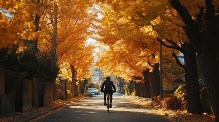 A lone cyclist rides through a golden autumnal tree-lined street