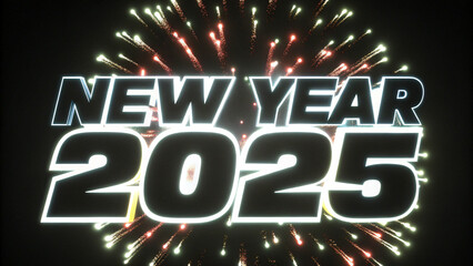 Dynamic vector design of New Year 2025 celebration, featuring fireworks, bold typography, and shimmering metallic gradients, ideal for event promotions and posters