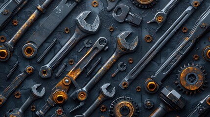 Rusty metal tools and parts arranged on dark background.