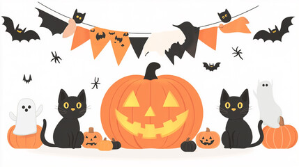 Fototapeta premium Cute Halloween Pumpkin Black Cats Ghosts Bats Illustration