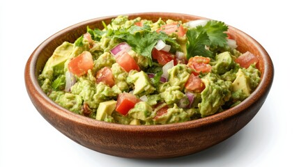 A bowl of vibrant guacamole with chunks of ripe avocado, diced tomatoes, onions