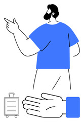Man pointing, wearing a blue shirt, luggage icon, hand gesture. Ideal for travel info, directions, guidance, navigation transport communication. Line metaphor
