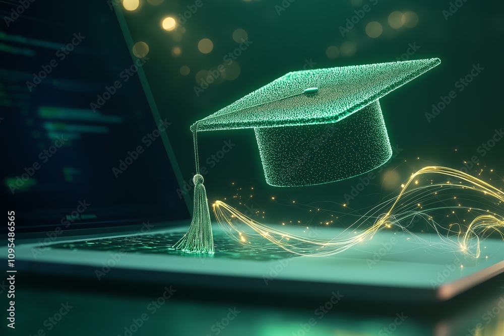 Wall mural digital graduation cap made of green glowing lines hovering above a laptop with programming code on 